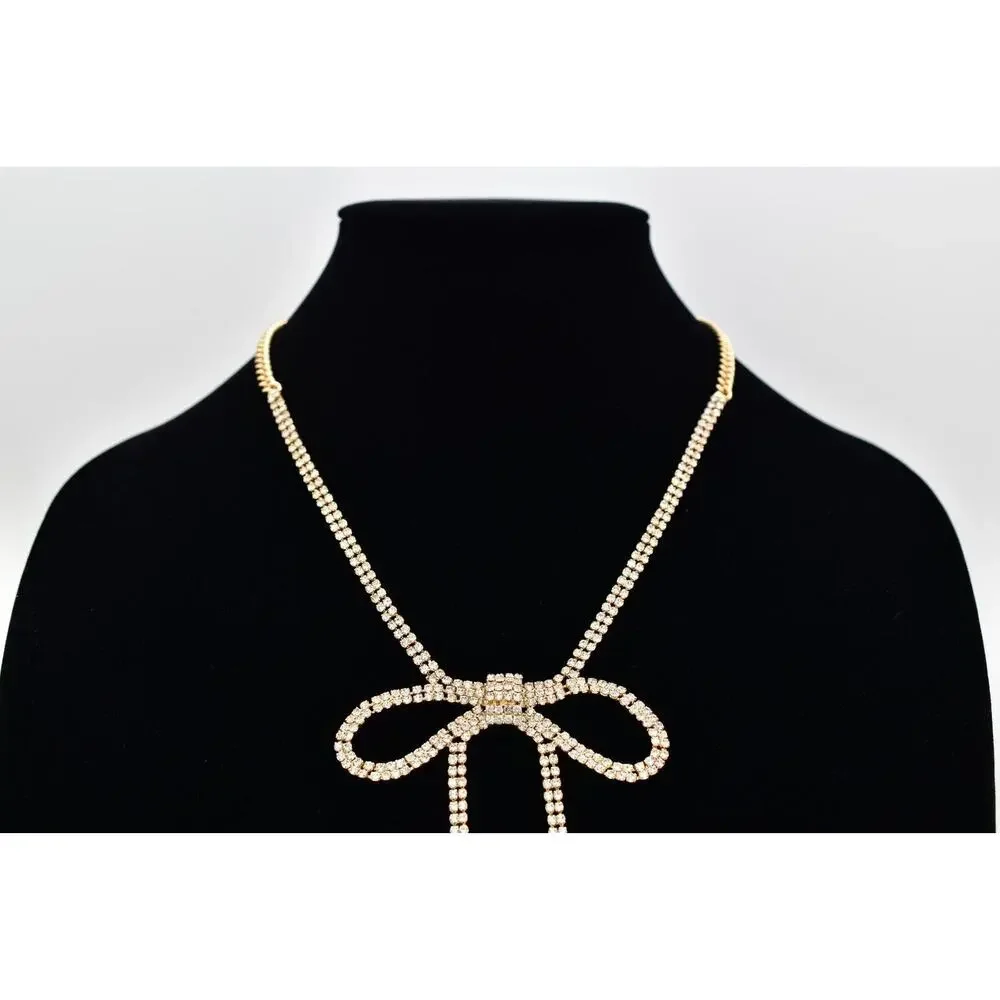 Vintage Statement Bow Tie Collar Necklace Chain Rhinestone Gold Tone Y2K BinBJ